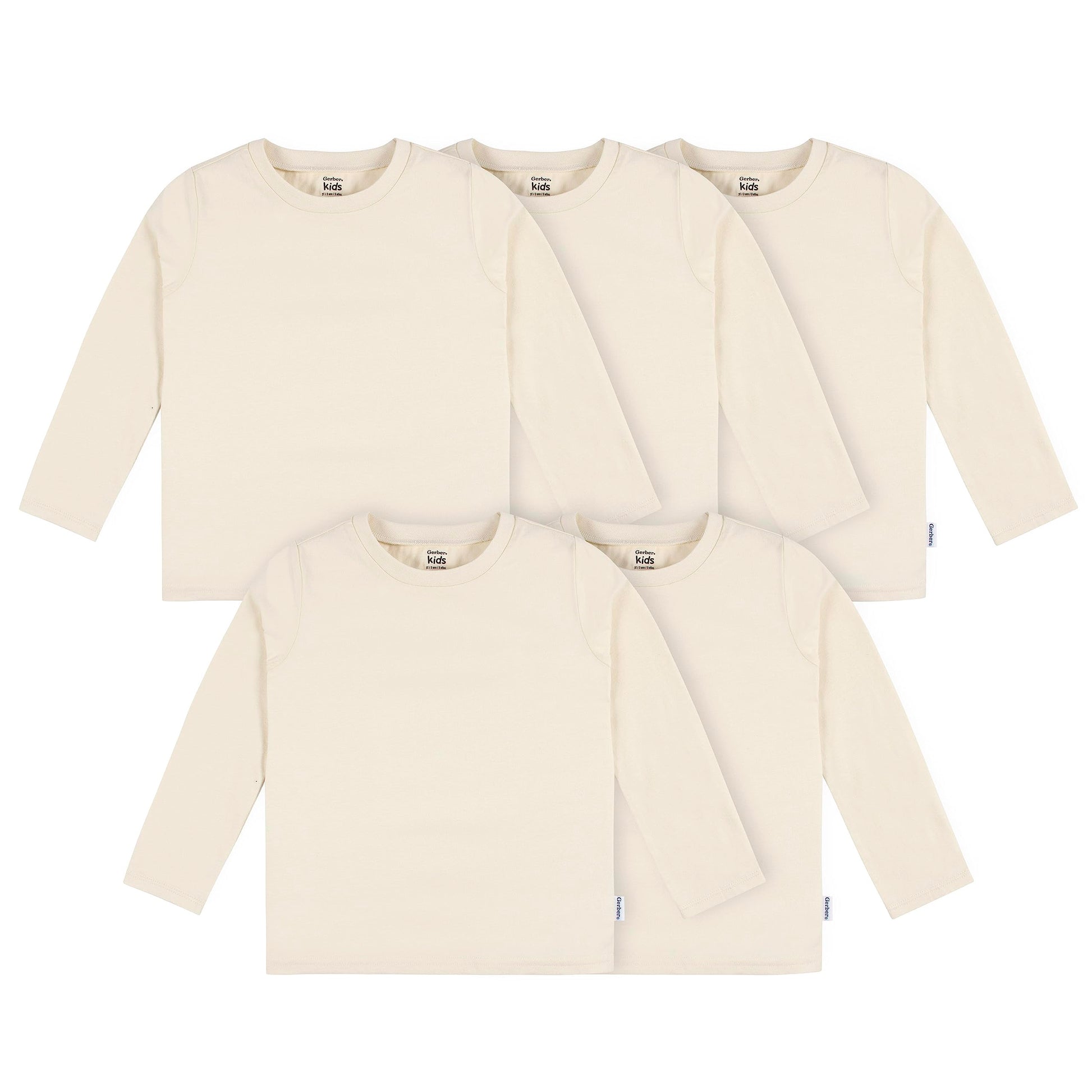 Gerber Baby Toddler 5-Pack Solid Long Sleeve T-Shirts Jersey 160 Gsm, Natural, 4T