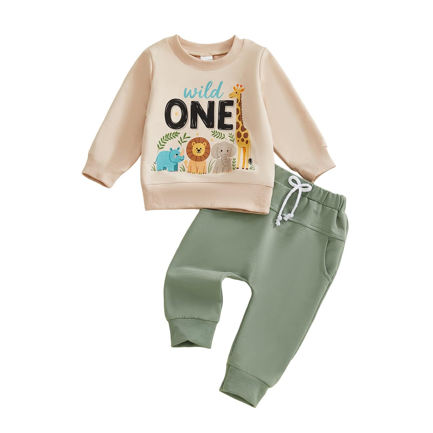 BULINGNA 2Pcs Baby Boy First Birthday Outfit Long Sleeve Wild One Animals Sweatshirt Casual Pants Fall 1st Birthday Clothes (Bei