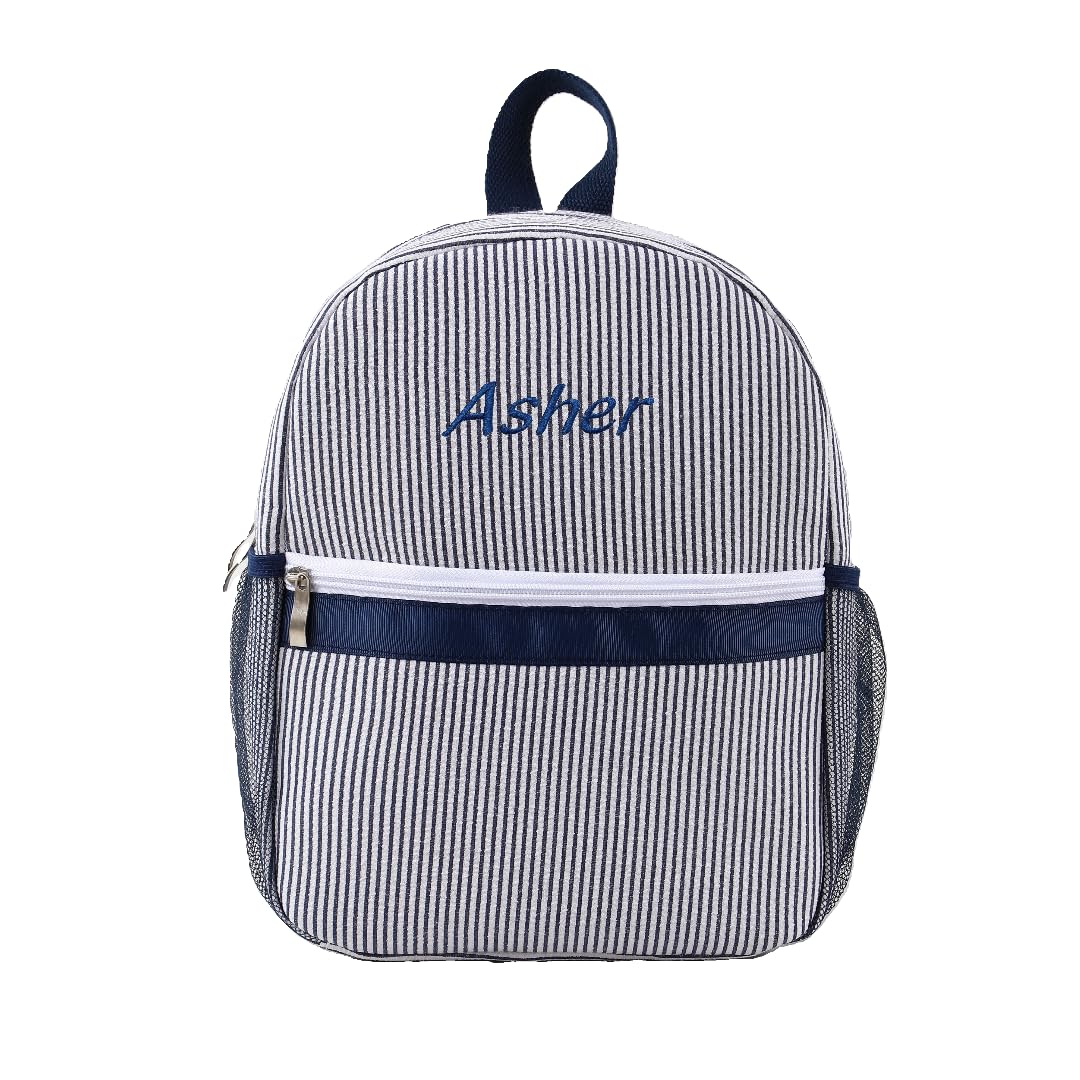 Custom Embroidered Toddler Seersucker Backpack | Personalized with Name | Back to School Gift for Kids (Navy)