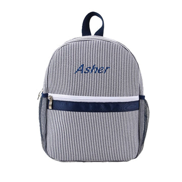 Custom Embroidered Toddler Seersucker Backpack | Personalized with Name | Back to School Gift for Kids (Navy)