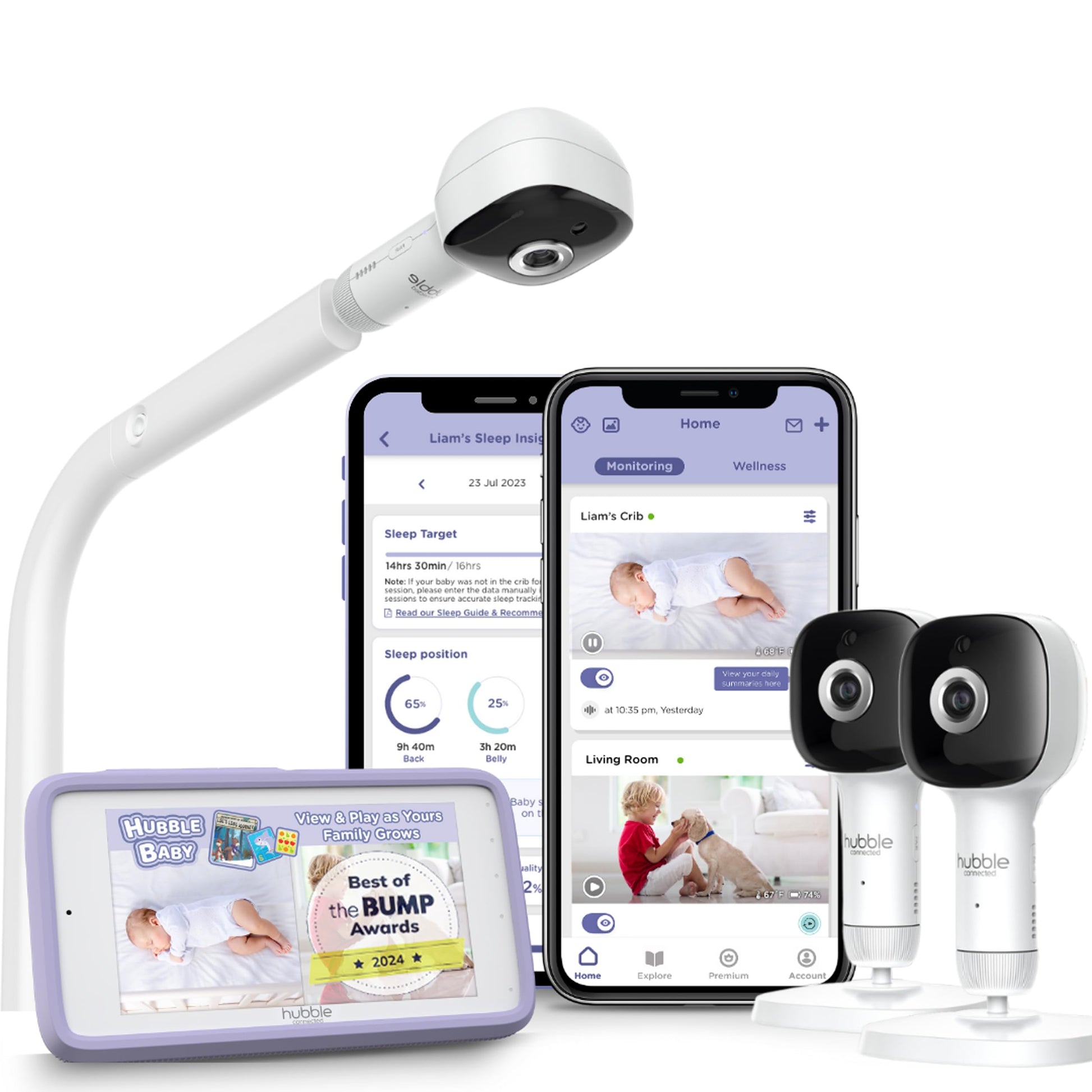 HUBBLE CONNECTED SkyVision Pro Twin AI-Enhanced HD Smart Baby Monitor, 2 Cameras, Parent Unit, Mounts, Smart Rollover & Cry Dete