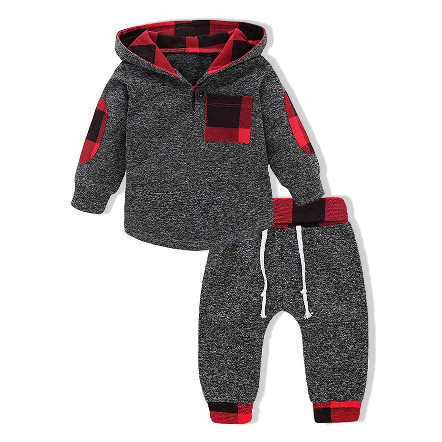 Konight Kids Toddler Infant Baby Boys Girls Winter Outfit Christmas Plaid Hoodie Sweatshirt Jackets Shirt+Pants Xmas Clothes