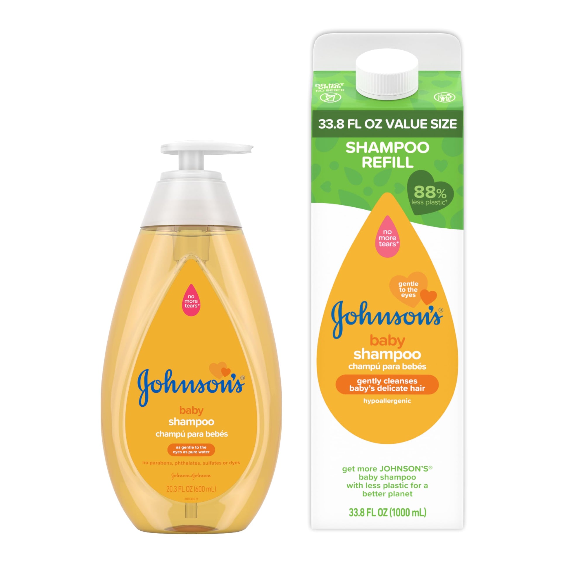Johnsons Baby Shampoo 20.3 fl. Oz, Tear-Free Formula and 33.8 fl. Oz Refill Pack, Gentle Baby Shampoo for Delicate Skin, Bath S