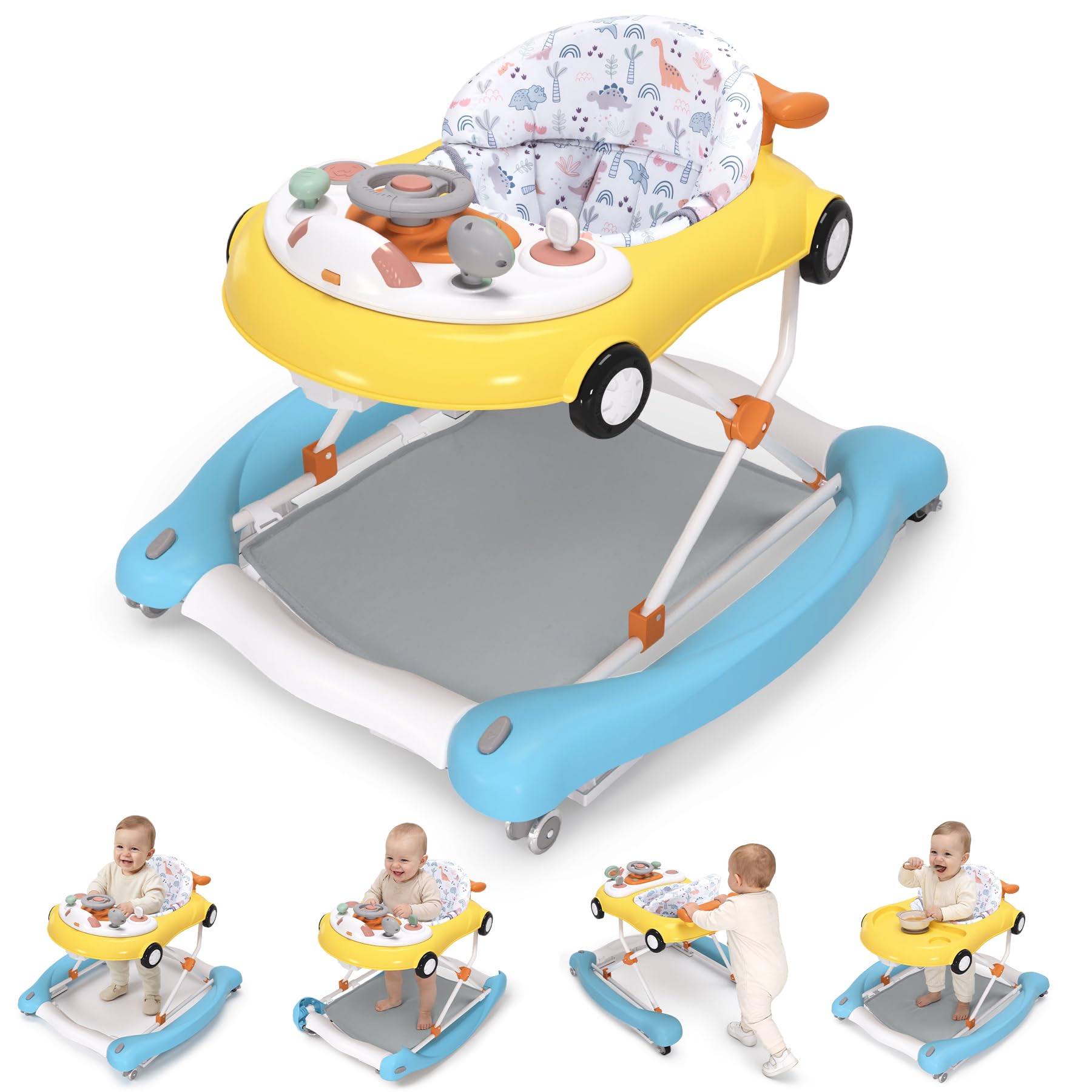 5-in-1 Convertible Baby Walker with Steering Wheel Music Activity Center - Infant Rocker, Jumper, Push Walker, Bouncer & Feeding