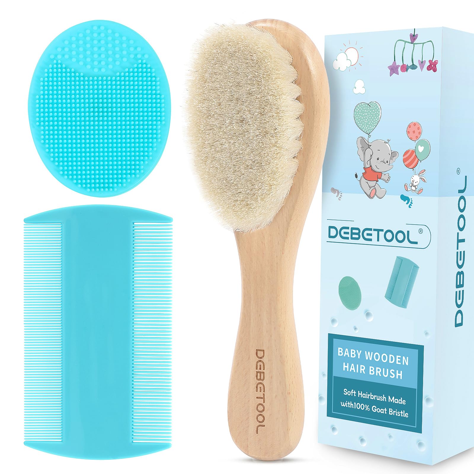 DEBETOOL Cradle Cap Brush and Comb Set with Baby Hair Brush - 3-Piece Wooden Baby Brush Kit for Newborns and Infants