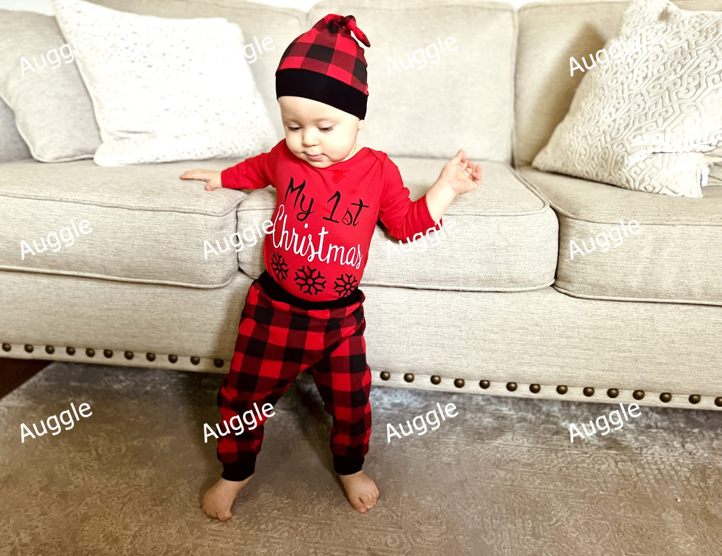 Auggle Infant Baby Boys Girls 3-Piece My First Christmas Snowflake Plaid Bodysuit (3-6 Months) Red