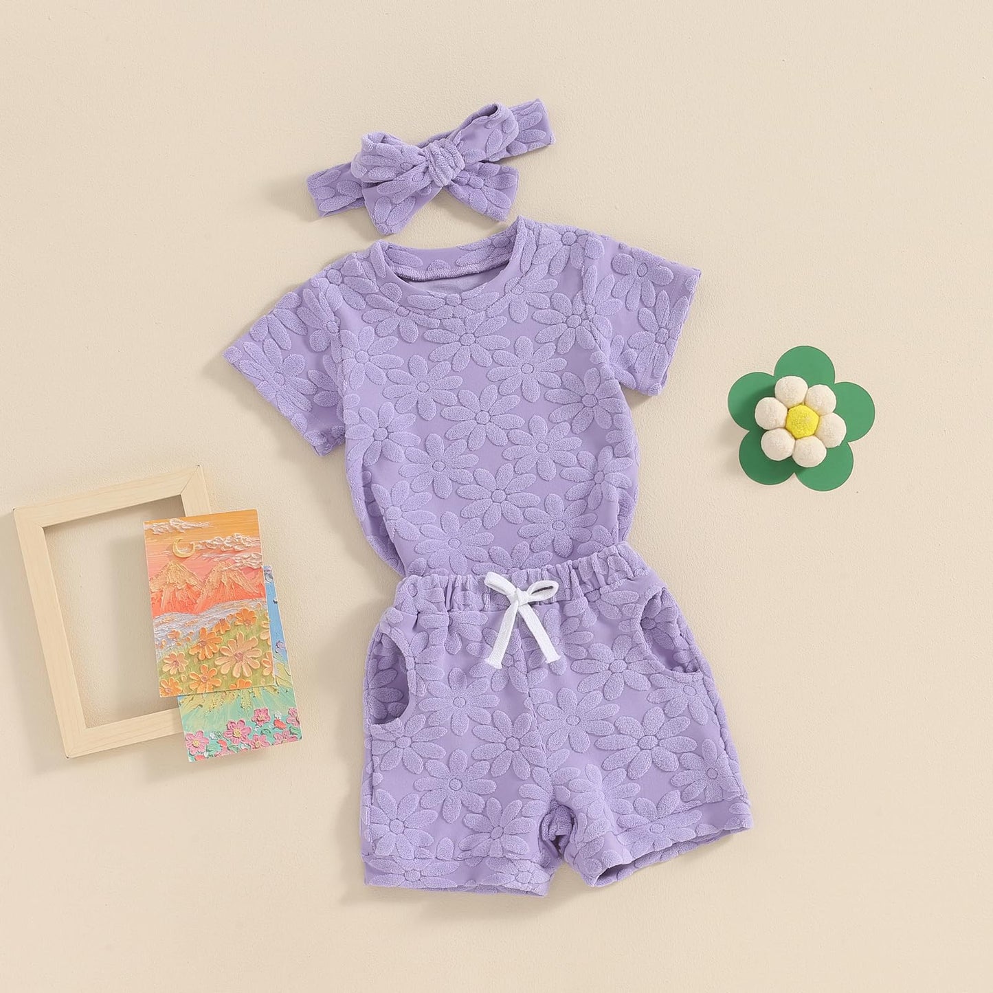 Toddler Baby Girls Daisy Chenille Patch Outfit Short Sleeve T-Shirt Shorts Headband 3Pcs Summer Clothes Set (Purple, 6-12 Months