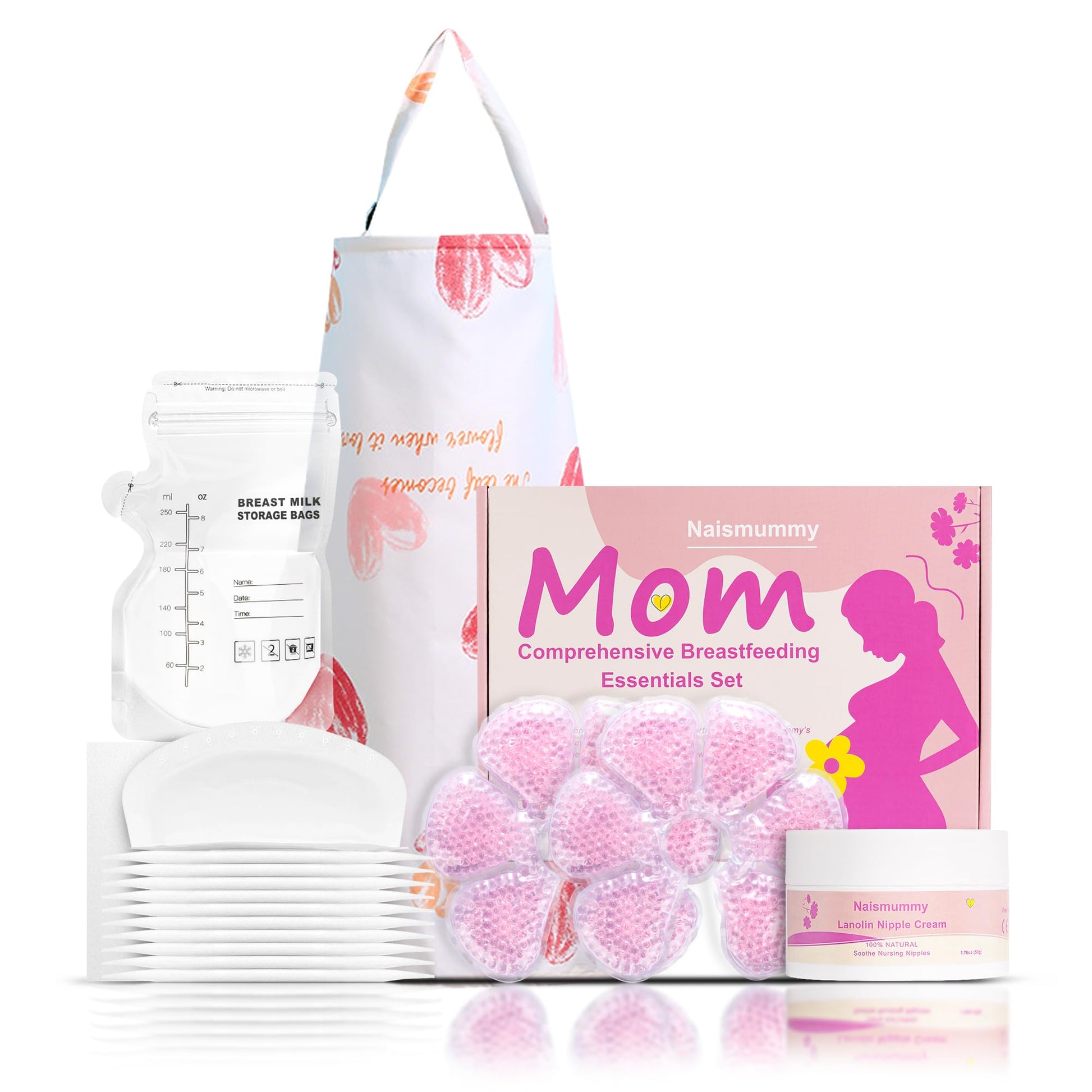 Breastfeeding Essentials Kit For Nursing Moms - Pads, Cover, Nipple Cream 50G, Breastmilk Storage Bag, Hot And Cold Breast Thera