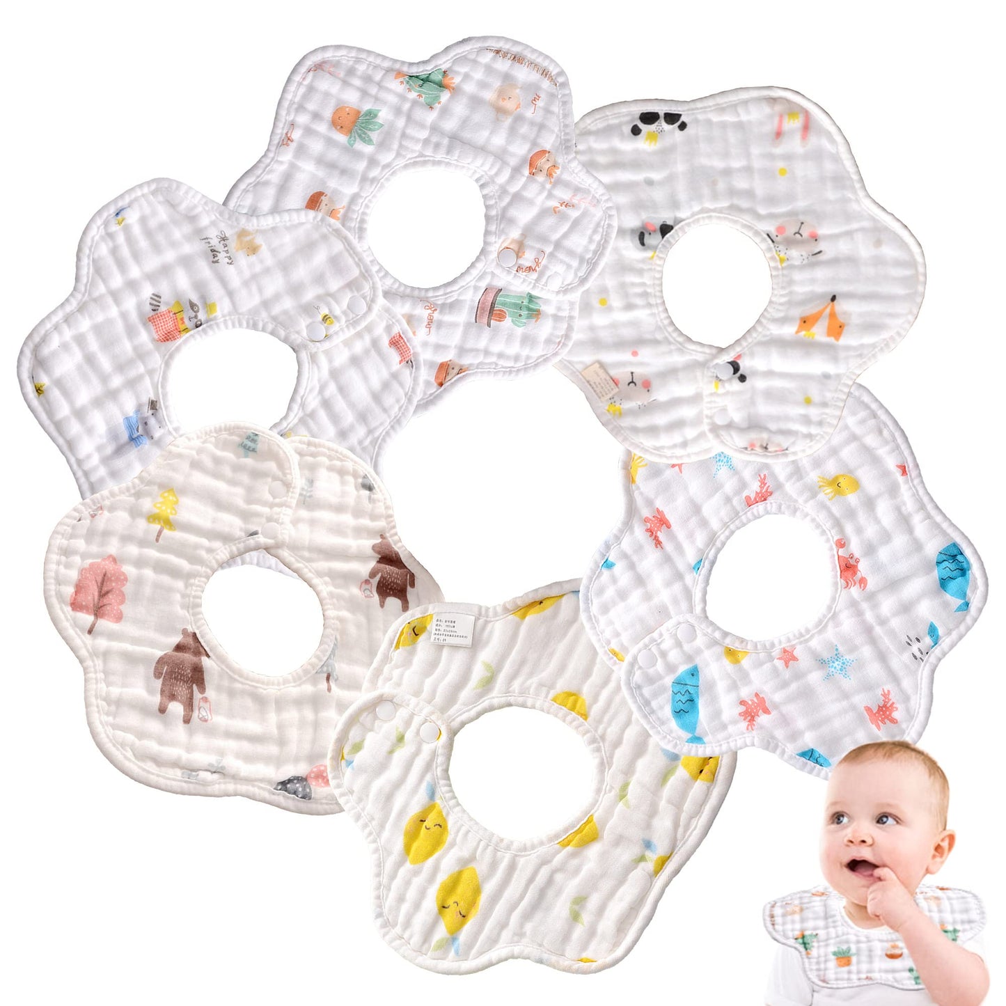 Merlinae Muslin Bibs, 6Pc Baby Bandana Newborn Drool Bibs For Teething And Drooling 360 Rotate