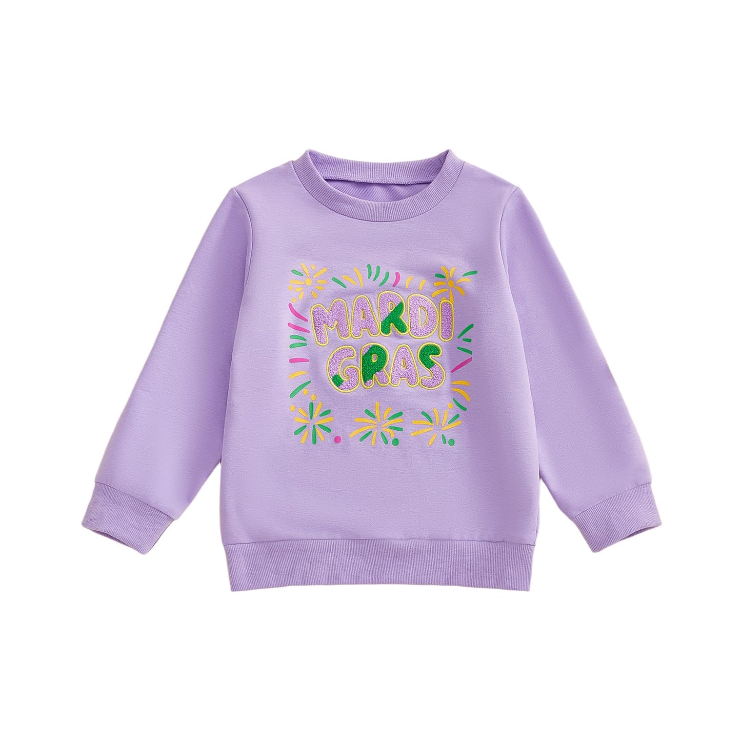 GOOCHEER Toddler Baby Girl Mardi Gras Outfit Fireworks Letter Embroidery Long Sleeve Sweatshirt Crewneck Pullover Top (Purple, 4