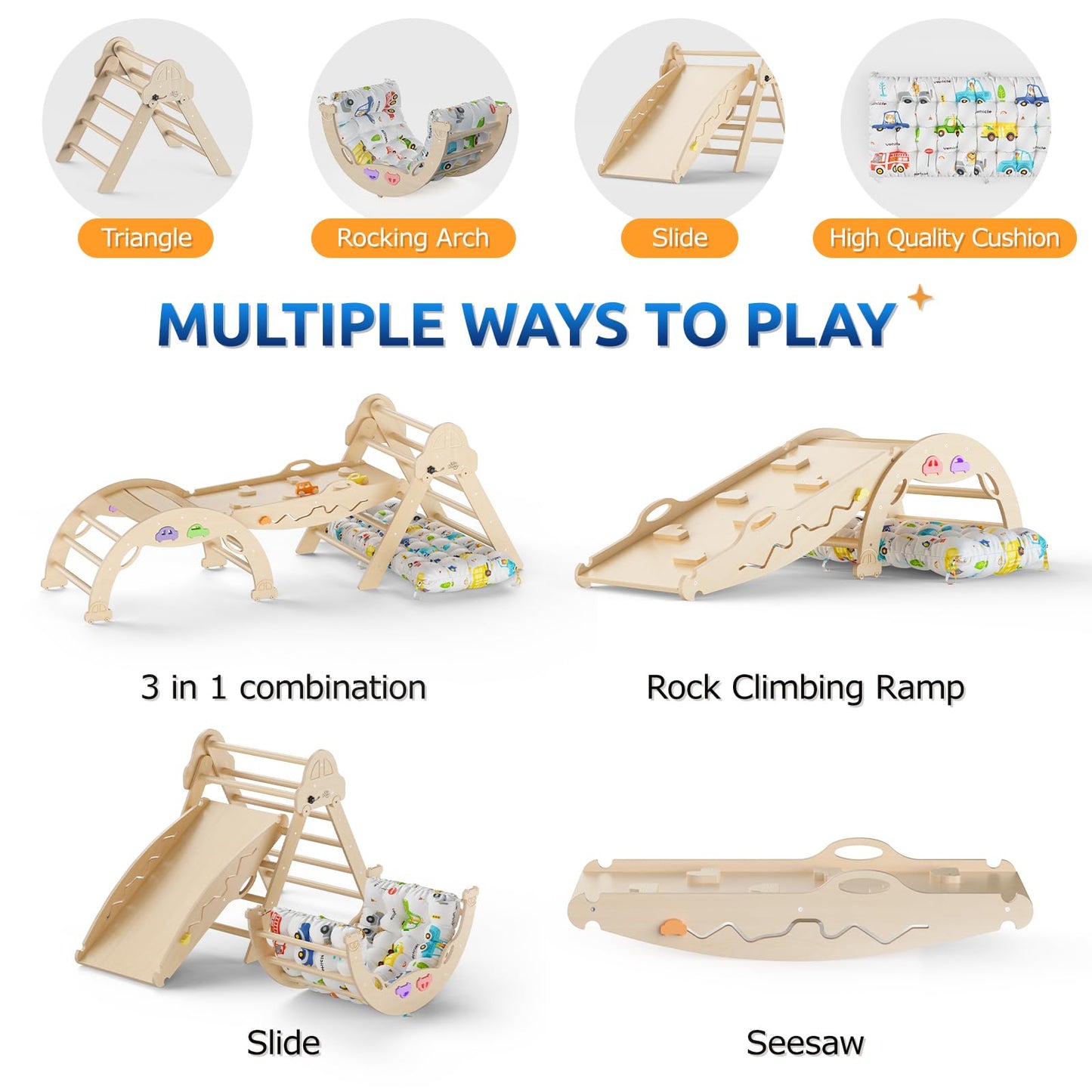Pikler Triangle Set With Cushion 9 In 1 Foldable Montessori Climbing Toys For Toddlers 1-3 Indoor Wooden Kids Playground Baby Cl