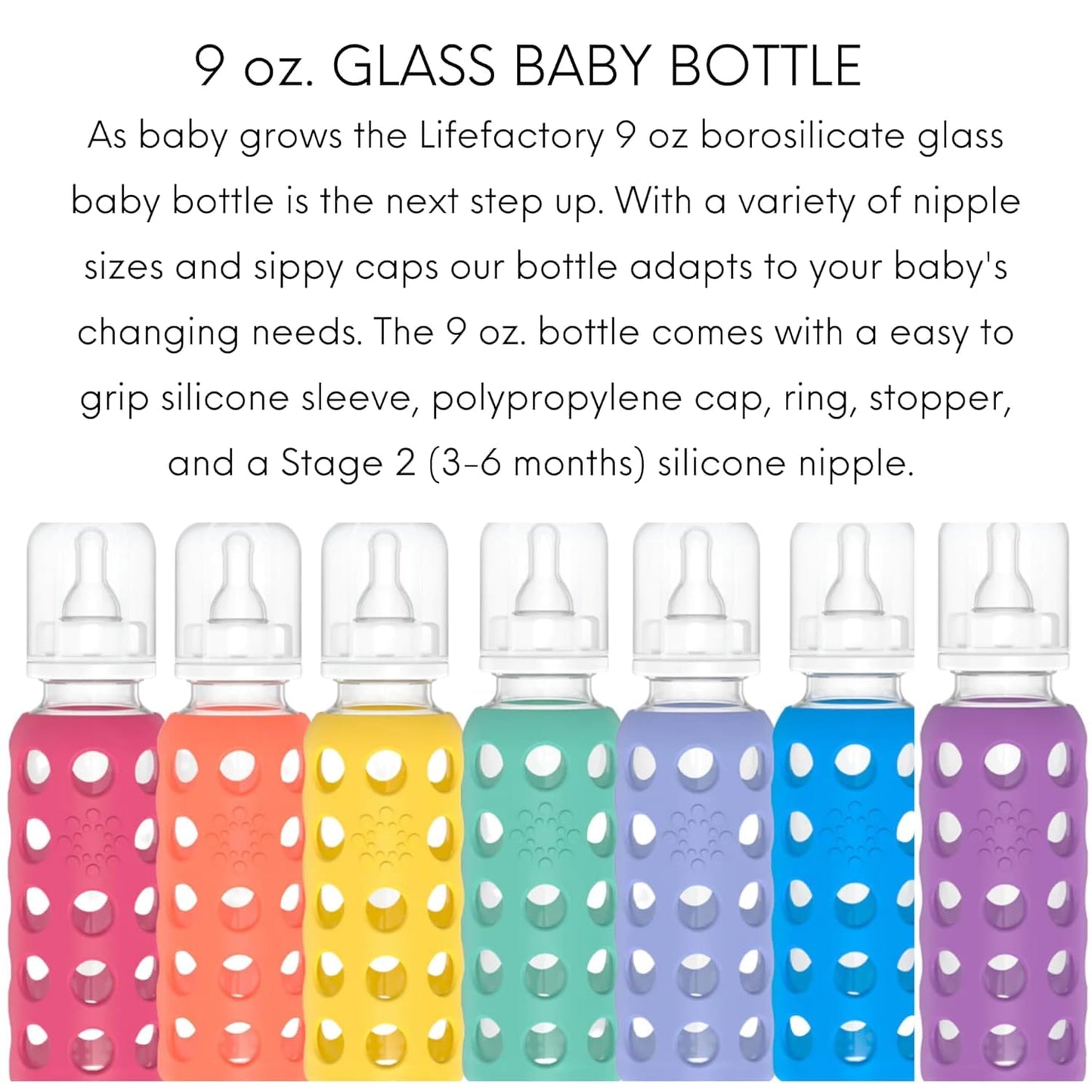 Lifefactory Glass Baby Bottles With Silicone Protection - 2-Pack, 9 Oz Bottles, Blueberry & Grape