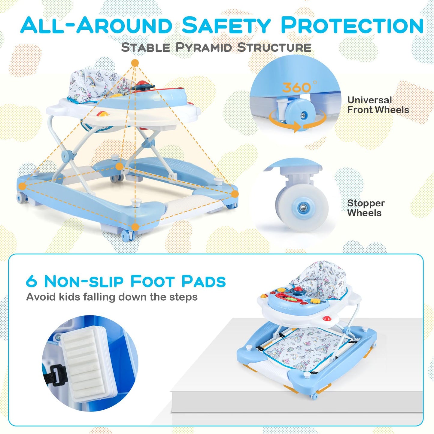 Baby Joy 6-In-1 Baby Walker With Wheels, Adjustable Height, Music, Lights, Rocker Mode - Boy/Girl, 6-18 Months (Blue)