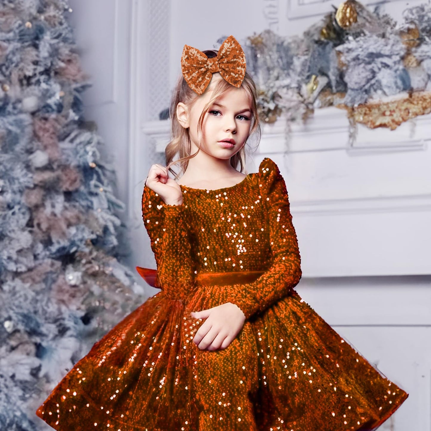 Lanmerry Hair Bows: Sequined Alligator Hair Clips With Big 5' Orange Bows For Girls, Babies, Toddlers, And Teens