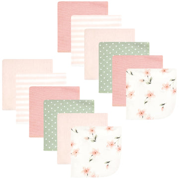Hudson Baby Unisex Baby Flannel Cotton Washcloths, Pink Dainty Floral 12 Pack, One Size