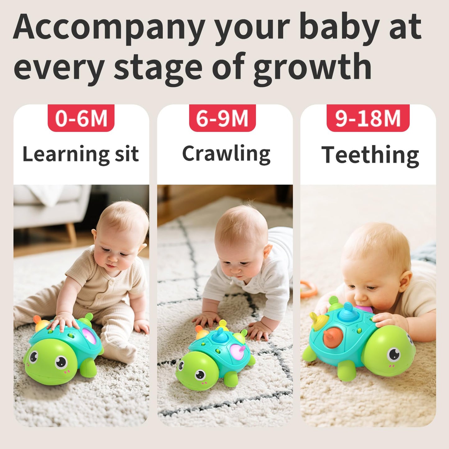 GeeKiPrime Baby Musical Crawling Toys 6 to 12 Months, Infant Turtle Light Up Toy for Teething Fine Motor Sleep Aid, Baby 7 8 9 1