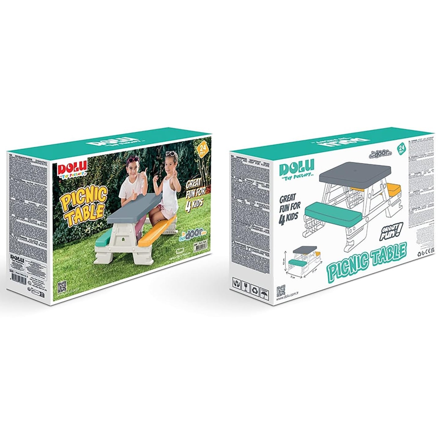 DOLU: Picnic Table for 4: White, Green, Yellow - Indoor/Outdoor, Bench Seating, Durable Waterproof Plastic Toy, 30.3 x 28 x 17,