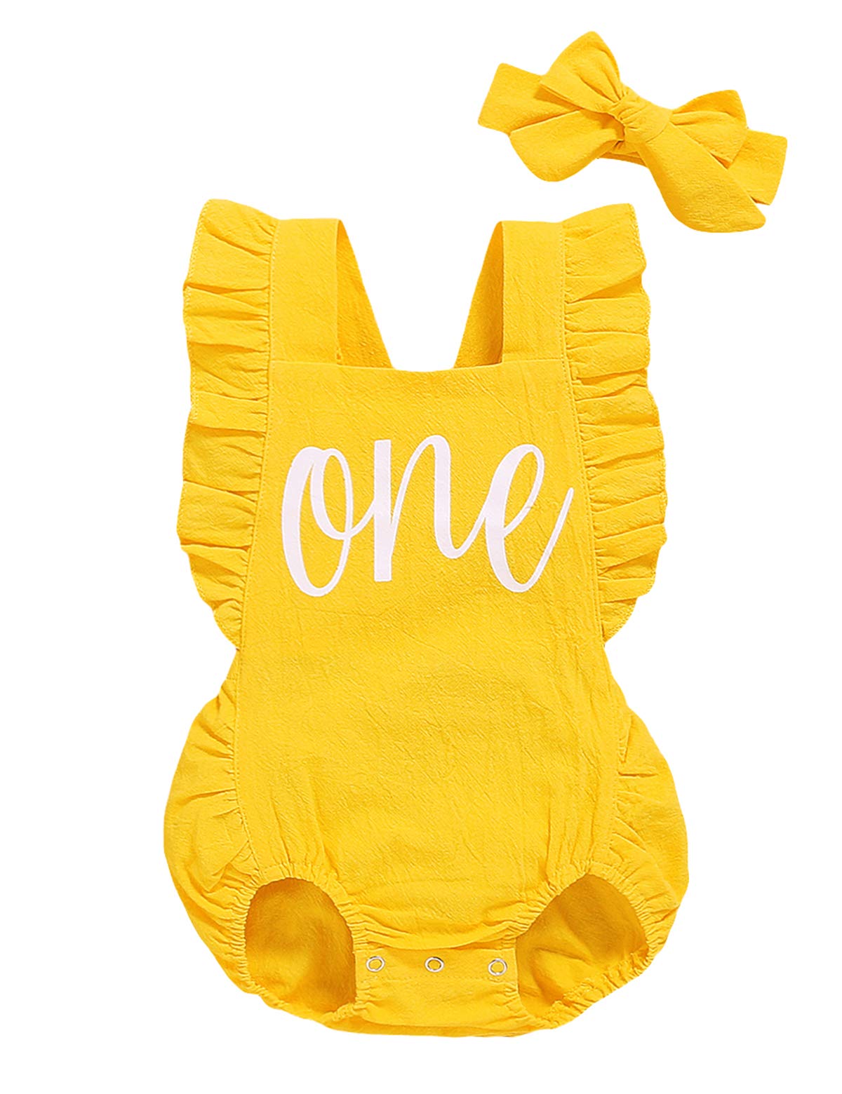 Shalofer Baby Girls One Year Old Outfits First Birthday Romper Cute Backless Ruffles Jumpsuit With Headband (Yellow,6-12 Months)