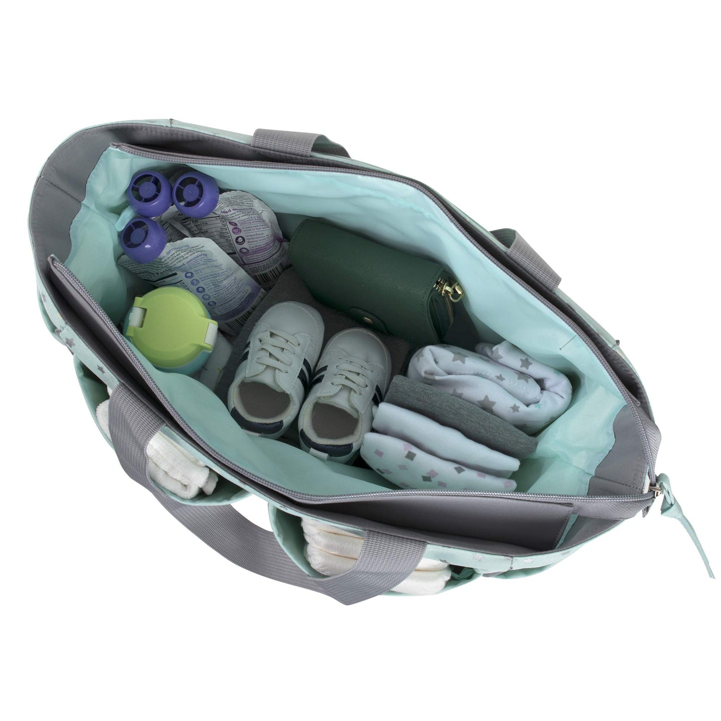 Baby Essentials Diaper Bag Tote 5 Piece Set With Sun, Moon, And Stars, Wipes Pocket, Dirty Diaper Pouch, Changing Pad (Grey/Aqua