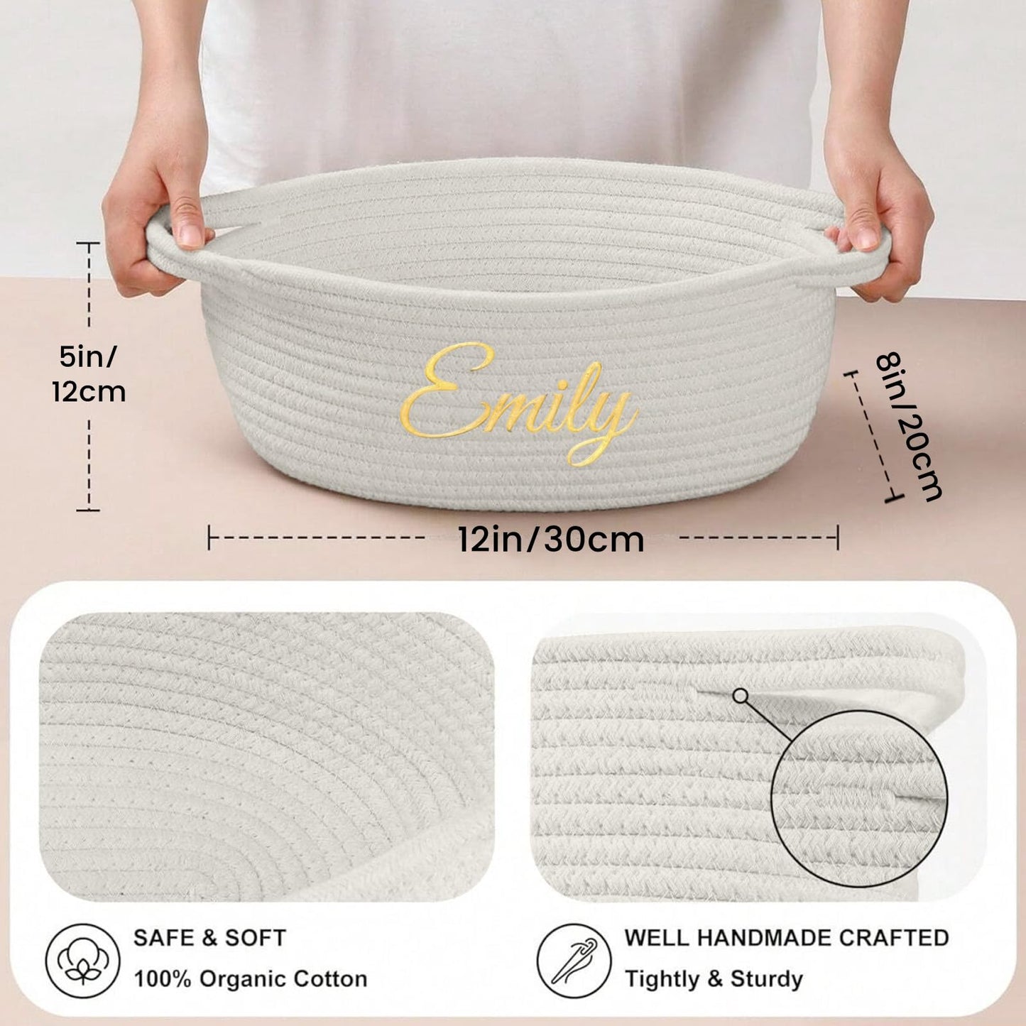 Hutario Personalized Woven Basket Embroidered Name With Gift Bags And Ribbons,Empty Small Rope Basket,Durable Storage Custom Whi
