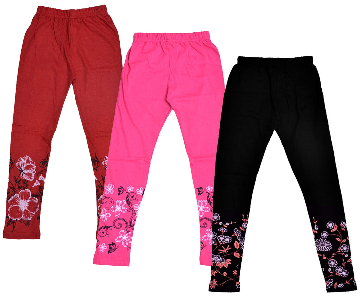 IndiWeaves Girls Cotton Printed Leggings (Black/Pink/red_13 Years) Pack of 3