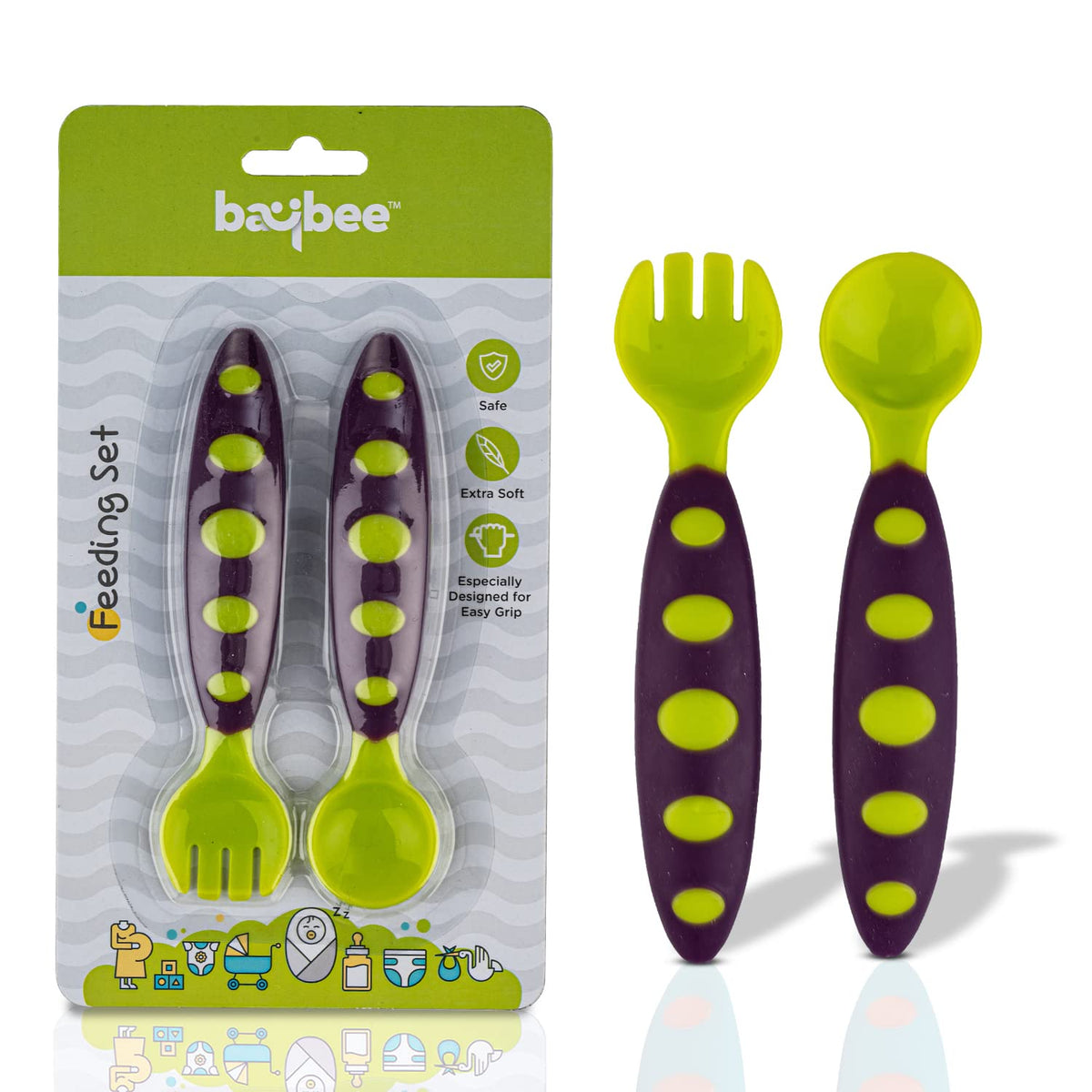 Baybee Silicone Baby Feeding Spoons Set Of 2 | Bpa Free Food Grade Soft Silicone Tip Spoon & Fork Self Feeding Utensil | Baby &