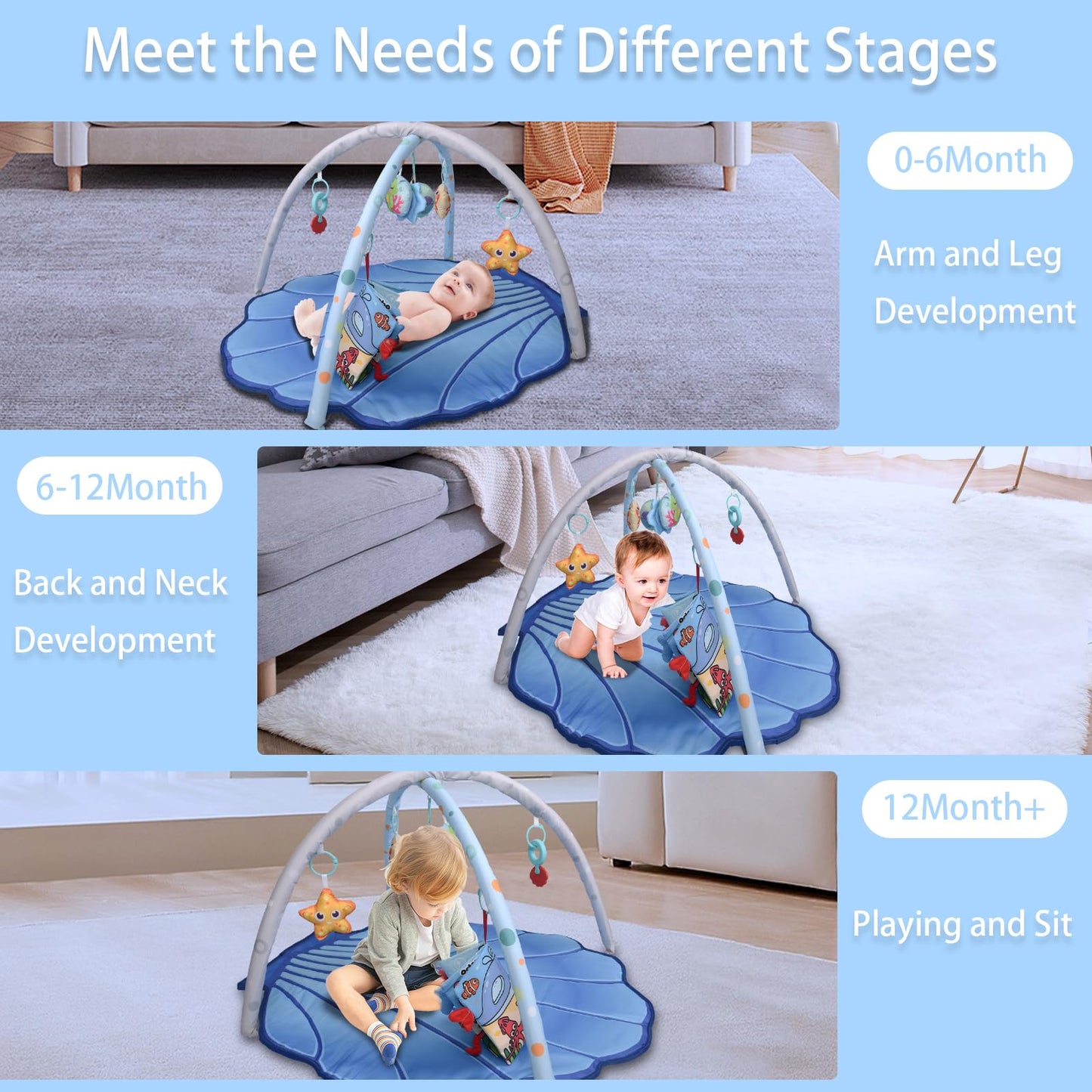 Baby Gym Play Mat For Babies 0-6 Months Infant Tummy Time Mat Activity Gym, Blue Shell Baby Gyms & Playmats Newborn Brain Sensor