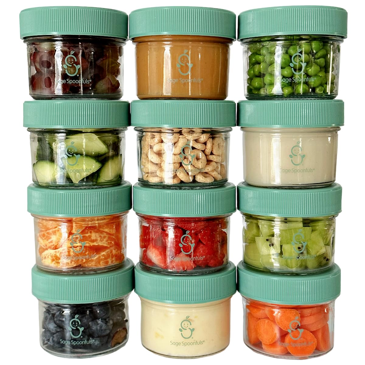 Sage Spoonfuls -12 Pack, 4 oz Baby Food Jars, Glass Baby Food Containers with Lids - Freezer Storage, Leakproof, Reusable Small 