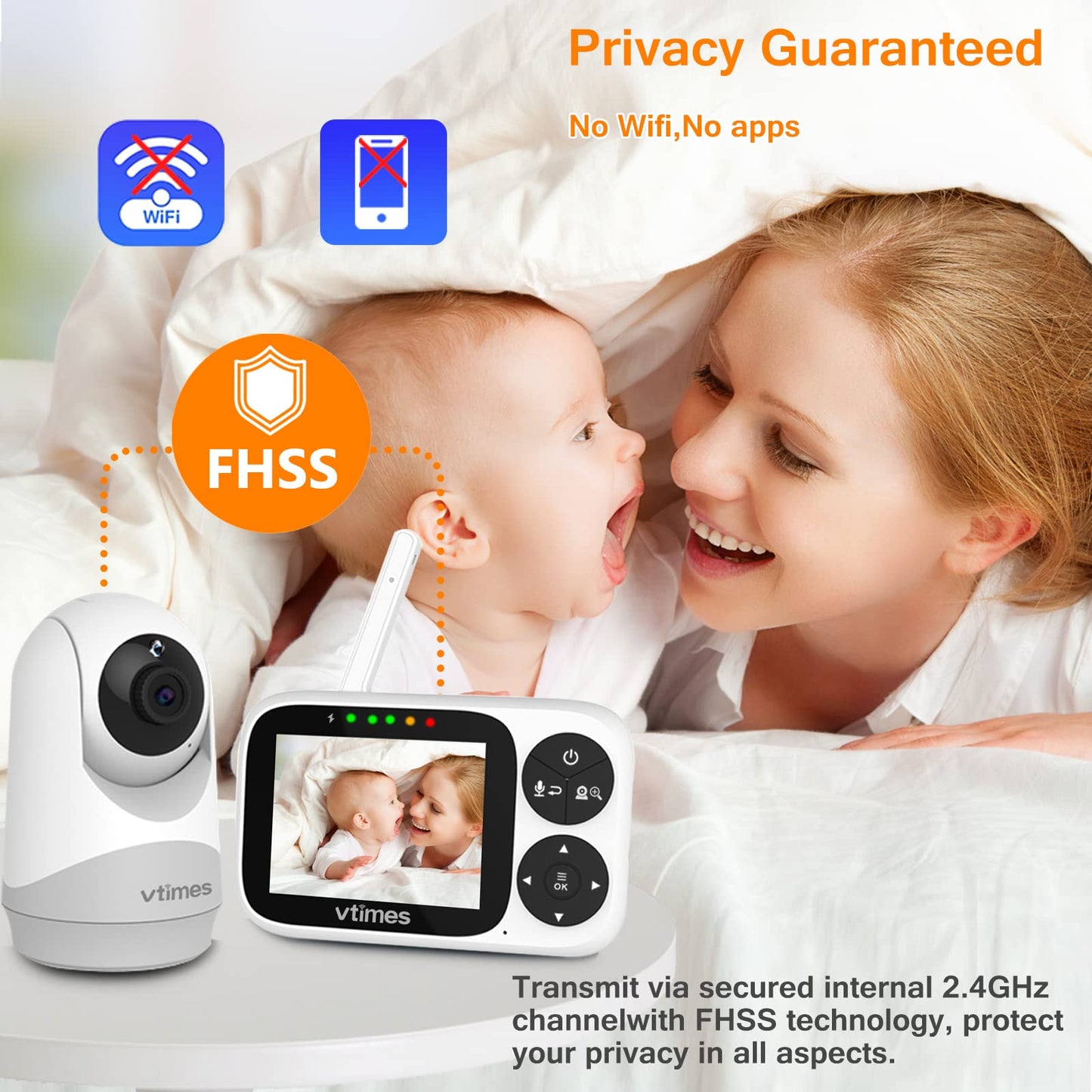 Vtimes Video Baby Monitor With Camera And Audio, 3.2' Lcd Color Screen, Baby Camera Monitor No Wifi Night Vision Vox Mode Pan-T