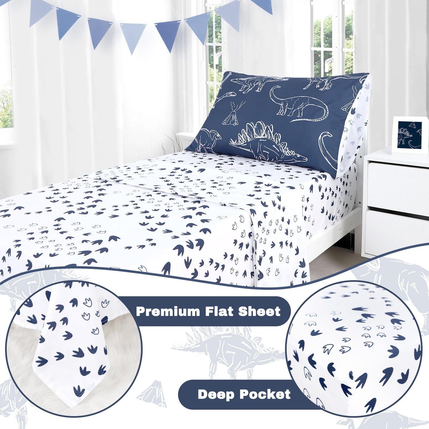 Jundetye 4 Pieces Dinosaur Toddler Bedding Set For Boys, Soft Breathable Toddler Comforter Set, Dino Print Navy, Includes Revers