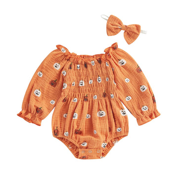 Farrubbyine8 Baby Girl Halloween Outfit Cute Pumpkin Romper Long Sleeve Bodysuit First Halloween Outfit Newborn Girl Fall Clothe