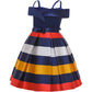 Nssmwttc Girls Off Shoulder Dress Kids Christmas Sunday Halloween Baptism Christening Striped Dresses (Navy,140)