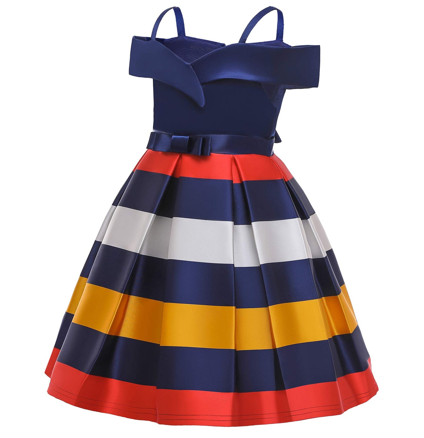 Nssmwttc Girls Off Shoulder Dress Kids Christmas Sunday Halloween Baptism Christening Striped Dresses (Navy,140)
