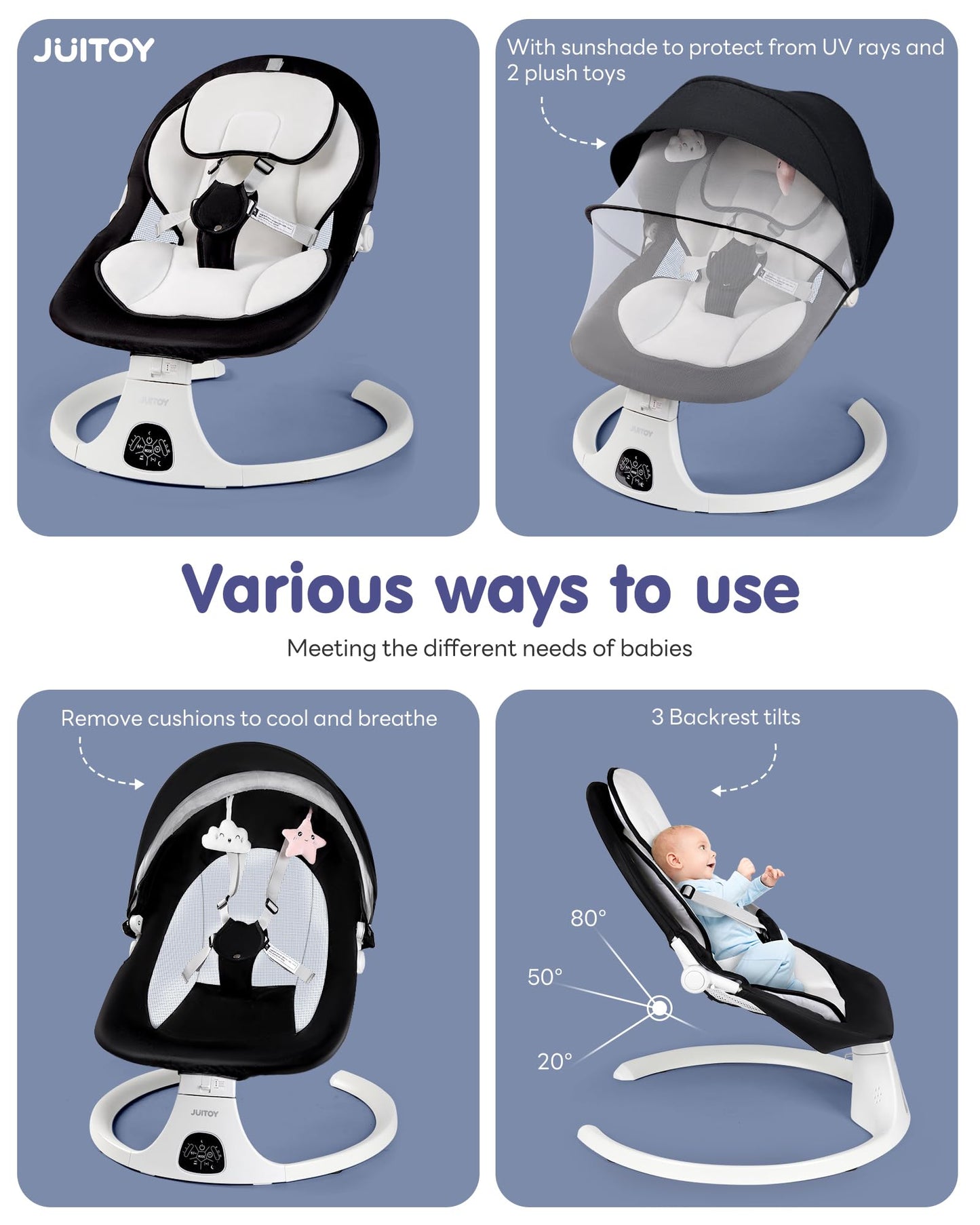 Electric Baby Swings For Infants To Toddler Baby Swing With 5-Speed 3-Seat Positions 5-Point Carabiner,With Bluetooth Music 10-P