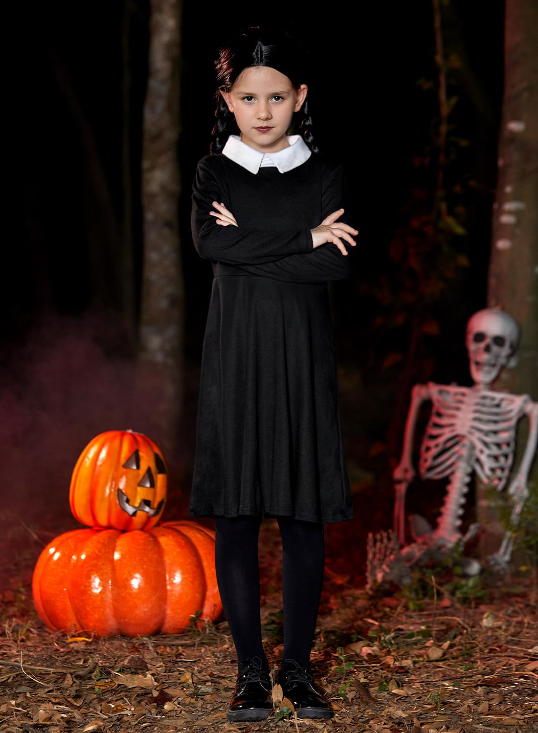 Girls Halloween Swing Black Peter Pan Collar Dress Aline Wednes Skater Party Outfit 4 Years