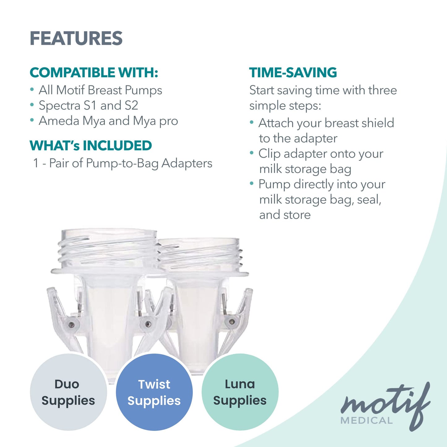 Motif Medical, Pump-To-Bag Adapters, Compatible With All Motif Breast Pumps Clear