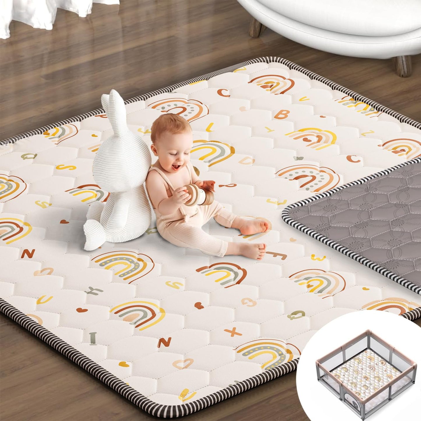 Boho Rainbow Baby Play Mat 50 X 50 Playpen Mat Thicken One-Piece Baby Crawling Mat Non-Slip Cushioned Baby Floor Mat with Lettte