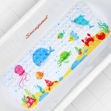 Secopad Kids Bath Mat For Tub Non Slip, 40 X 16 Inch Large Cartoon Whale Anti Slip Toddler Baby Bath Mat, Right Drain