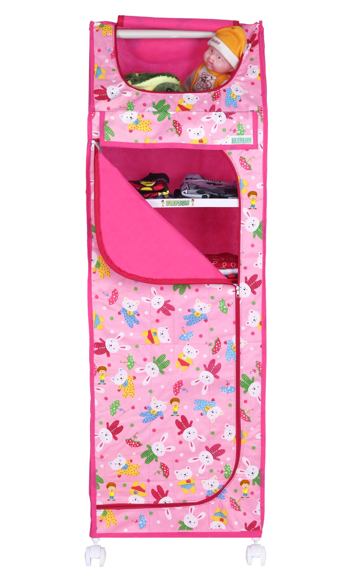 Flipzon Baby Wardrobe Plastic Multipurpose 6 Shelve, Foldable, (Unbreakable Material) (Rabbit Pattern  Pink)