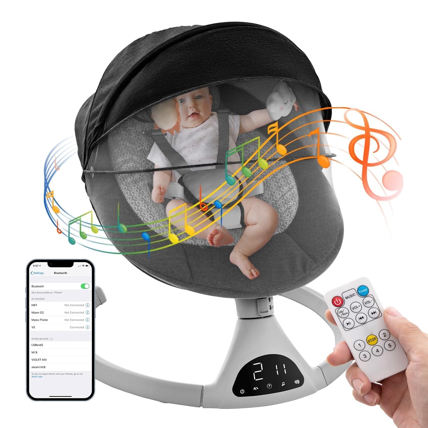 Baby Swing for Infants,Electric Bouncer Portable Swing for Boy Girl,Remote Control Indoor Baby Rocker with 5 Sway Speeds for Inf