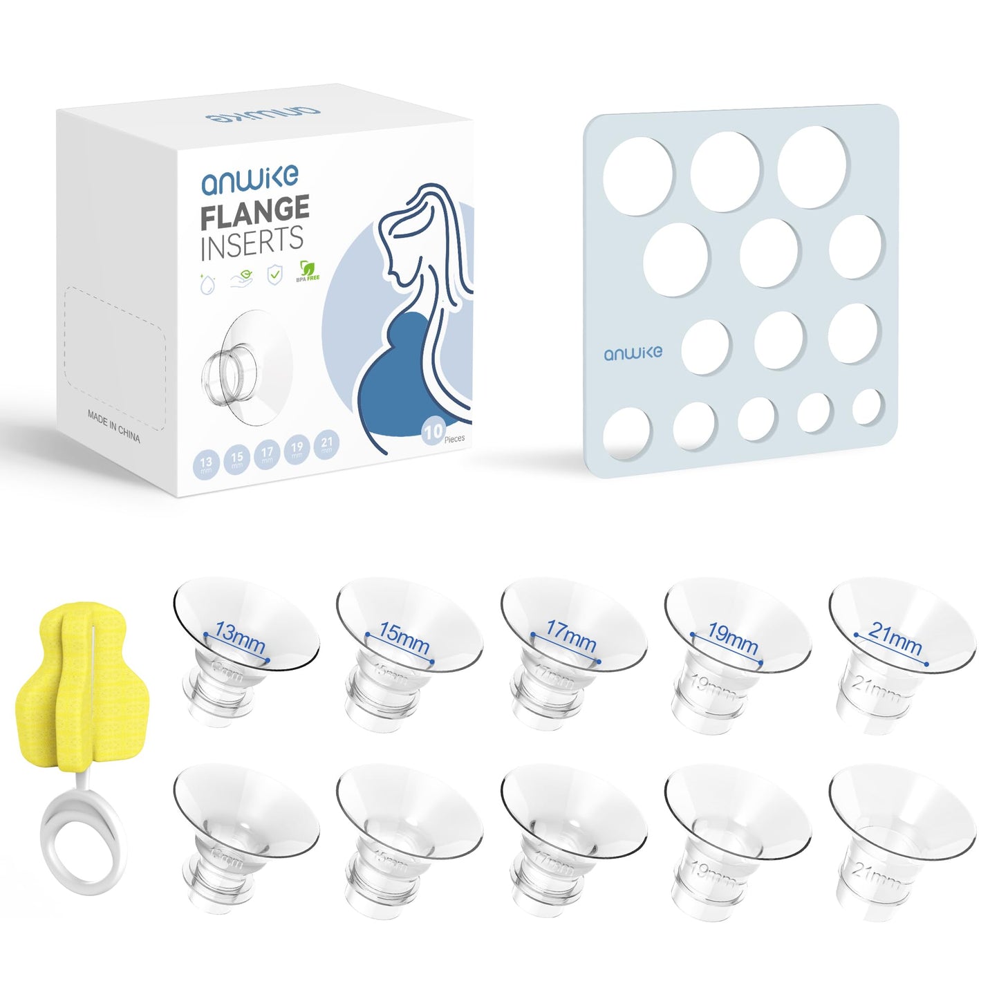 Anwike 10Pcs Flange Sizing Kit, Silicone Flange Inserts 13/15/17/19/21Mm &Nipple Ruler&Cleaning Brush 24Mm Flange/Shield, Compat