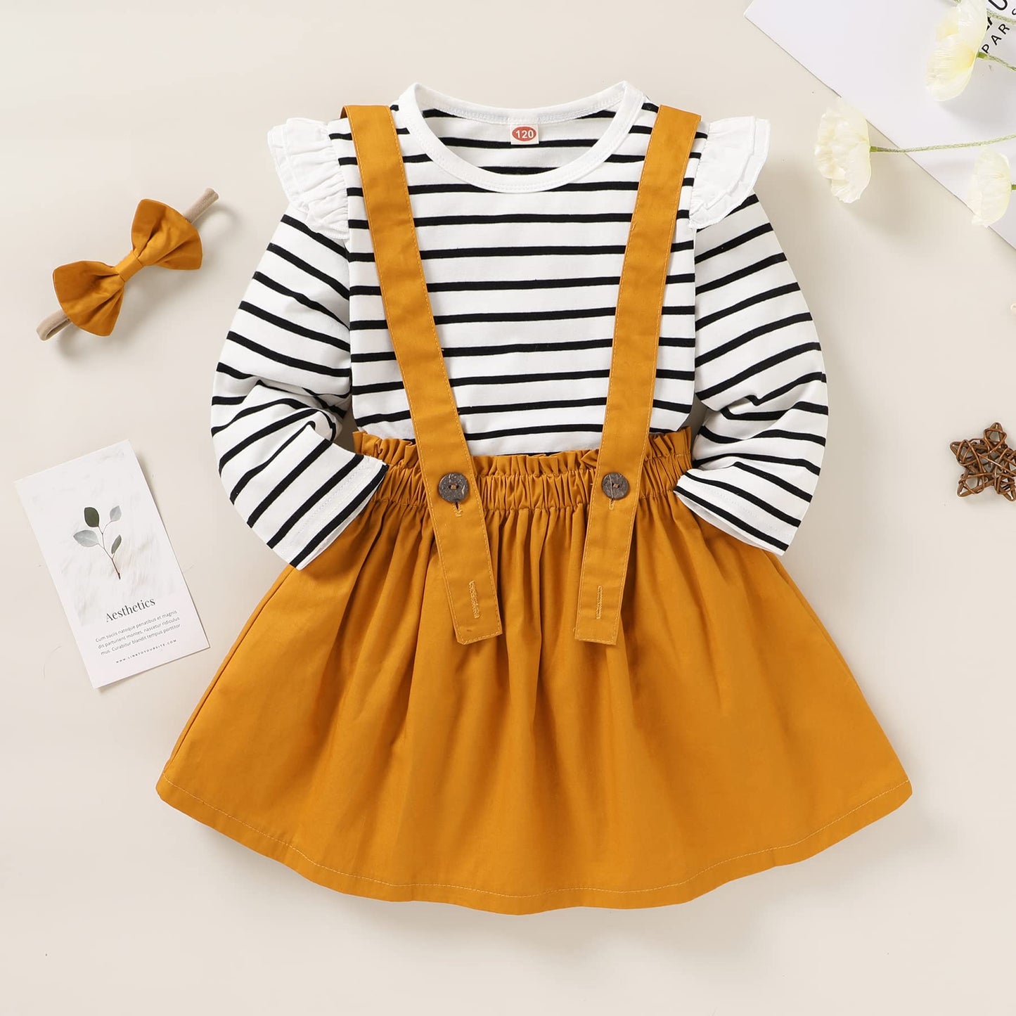 Younger Star Toddler Baby Girl Fall Outfits Long Sleeve T-Shirt Top Suspender Skirt Overalls Toddler Girls Clothing Sets(2-3T,Ye