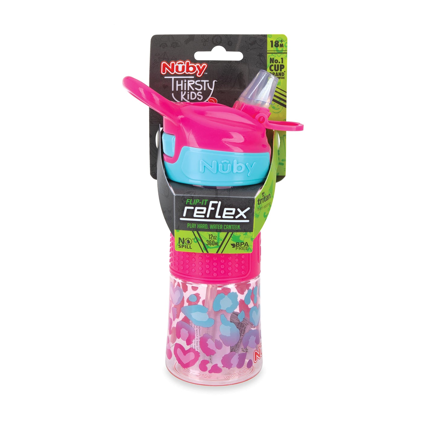 Nuby Thirsty Kids No Spill Flip-It Reflex Travel Cup With Soft Silicone Spout, 12 Oz, Pink Leopard
