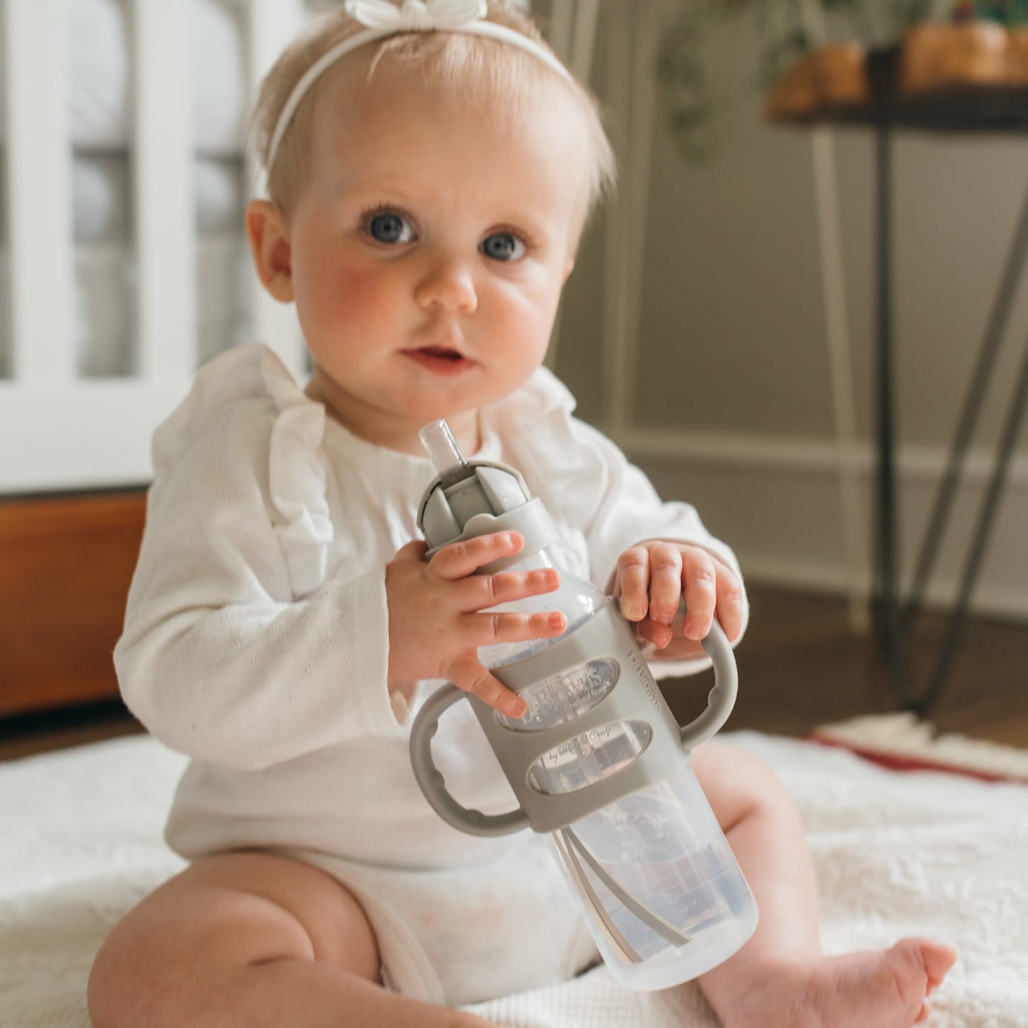 Dr. Brown'S Milestones Narrow Sippy Straw Bottle, Spill-Proof With 100% Silicone Handles And Weighted Straw, 8 Oz/250 Ml, Gray &