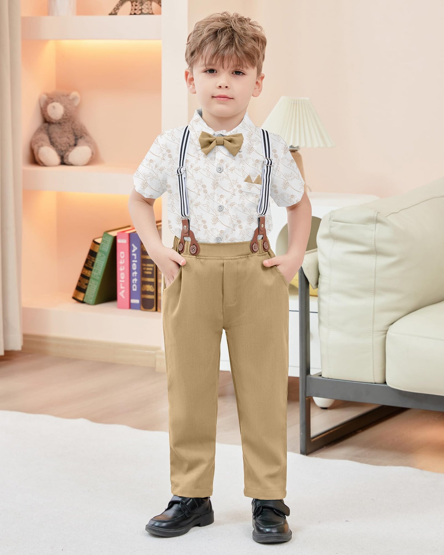 Yallet Toddler Baby Boy Clothes Suit Gentleman Wedding Outfits, Formal Dress Shirt+Bowtie+Vest+Boutonniere+Suspender Pants(L Cla