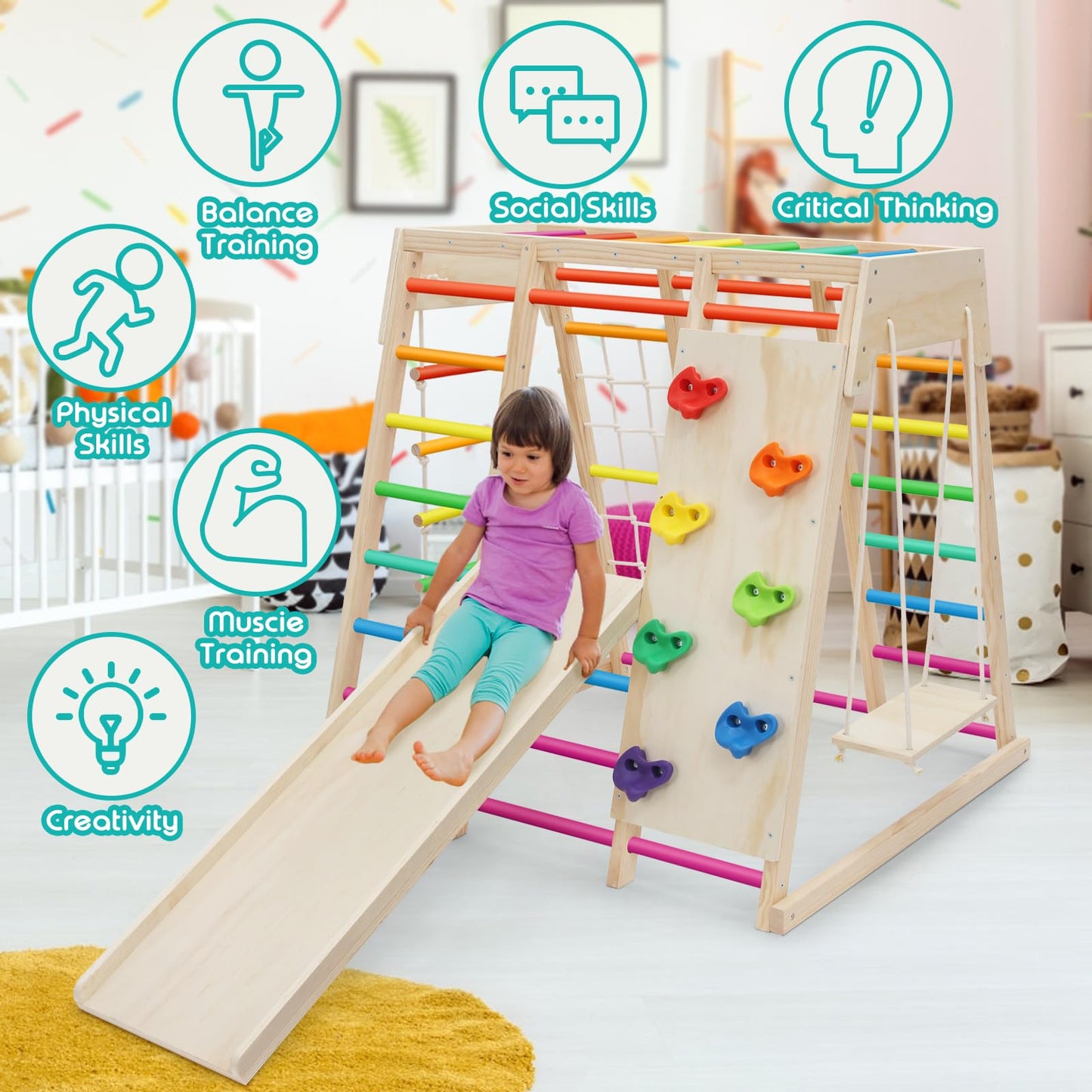 Edostory 7 In 1 Pikler Indoor Playground Jungle Gym Playset, Wooden Montessori Climber With Slide, Rock Climb Wall, Monkey Bars,