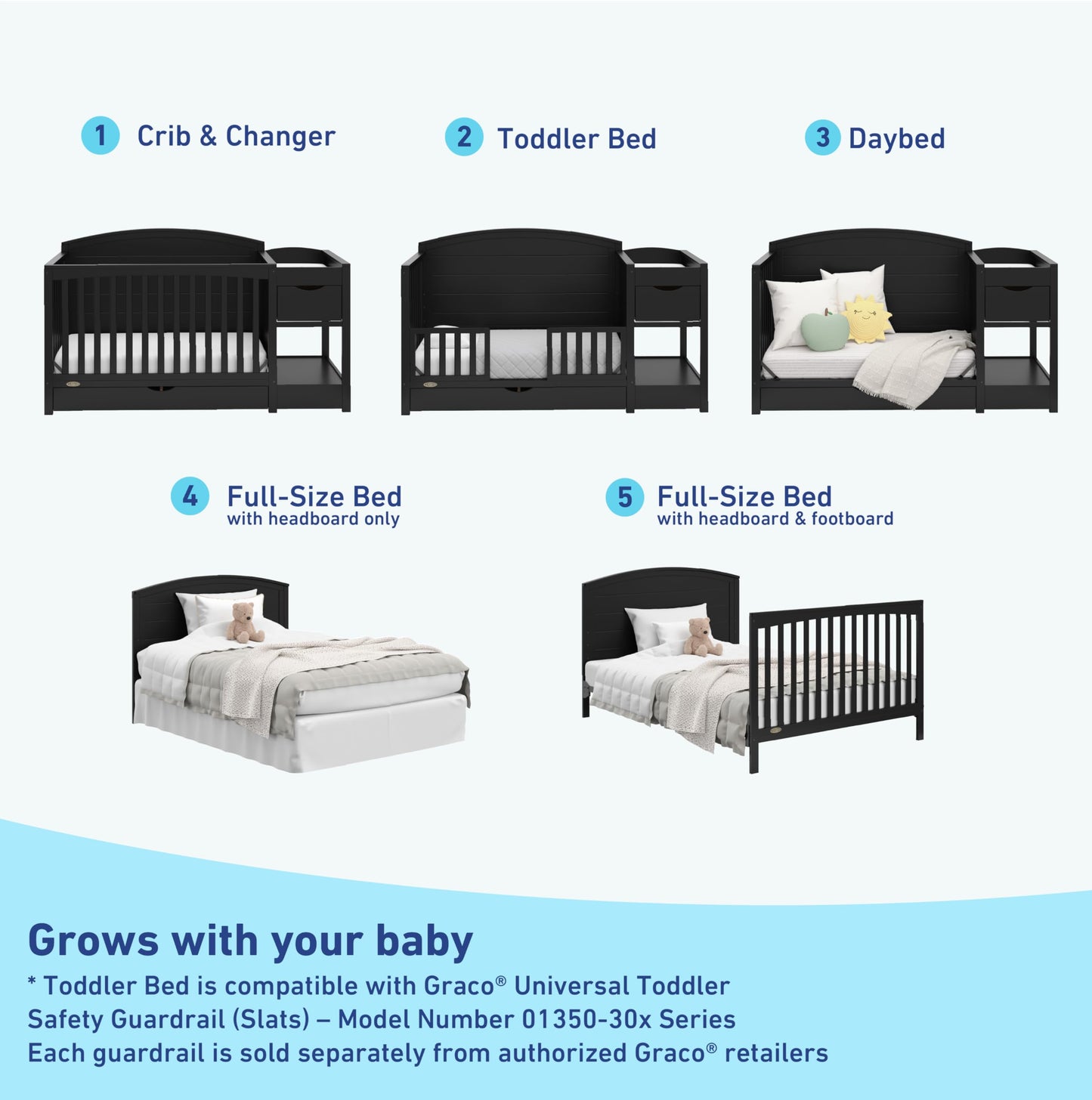 Stork Craft Graco Bellwood 5-In-1 Convertible Crib & Changer With Drawer (Black) - Greenguard Gold Certified, Full-Size Storage