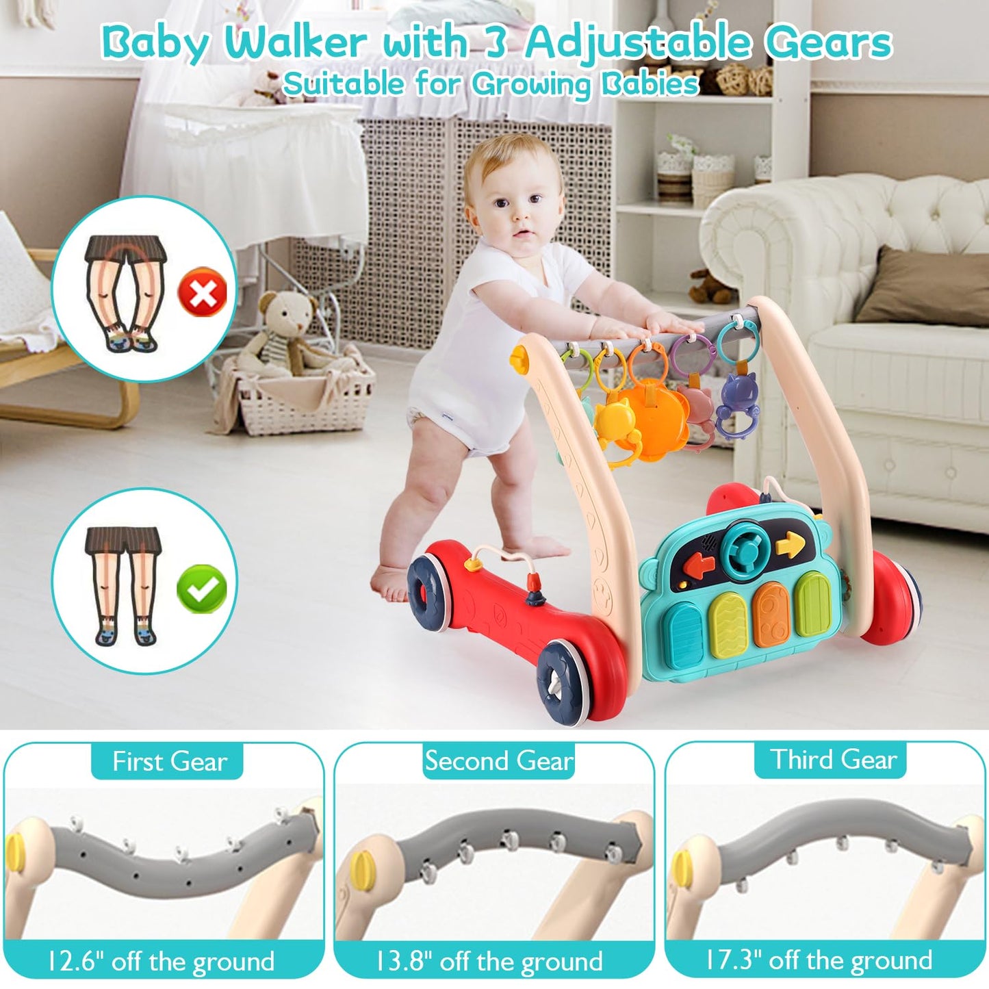 Pakoo Baby Play Mat Gym, 2 In 1 Baby Walker Tummy Time Activity Mat With 5 Infant Sensory Toys, Music And Lights Floor Play Mat