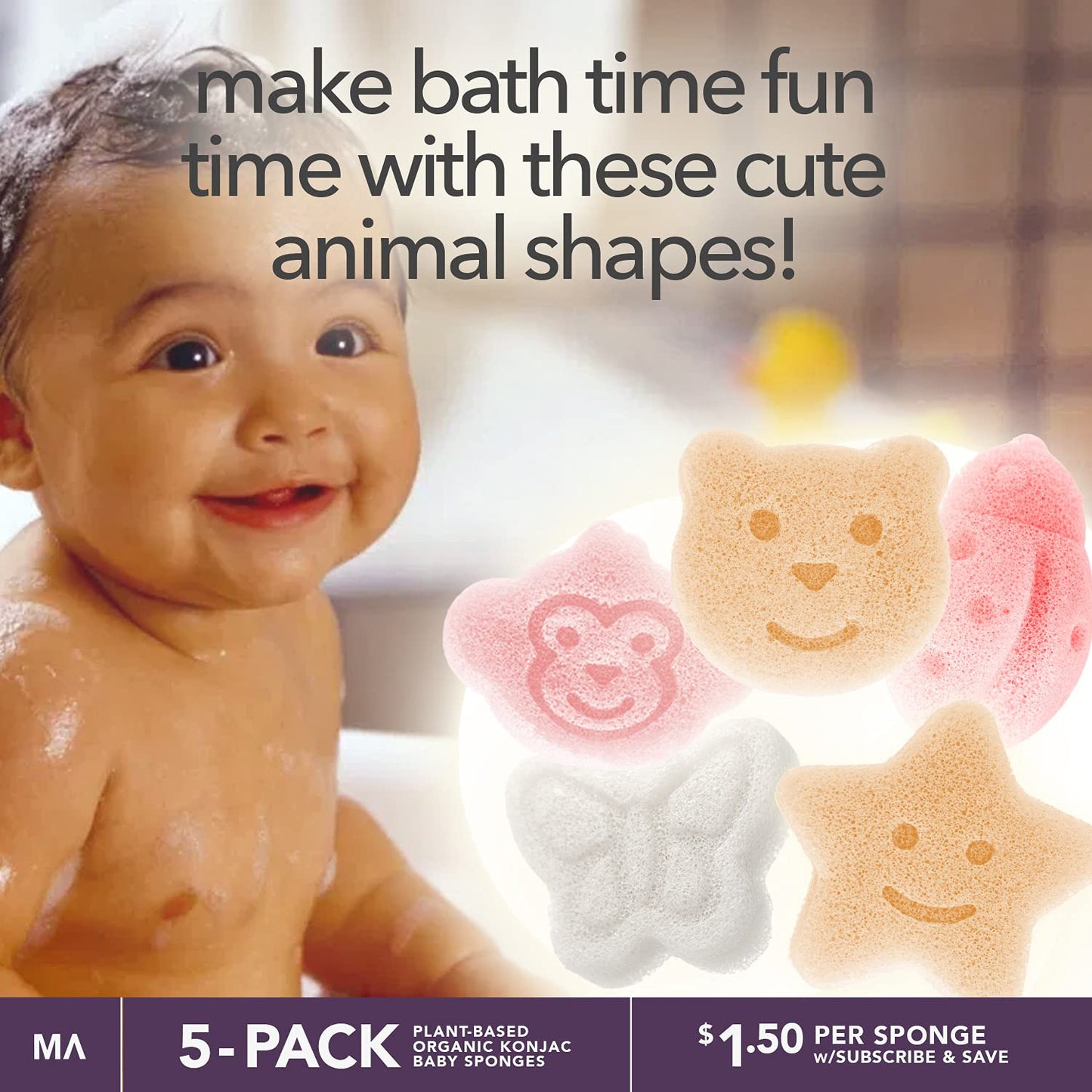 Konjac Baby Sponge For Bathing | Natural Cute Shapes | Kids Bath Sponges For Infants | Toddler Bath Time | Safe Organic Plant-Ba