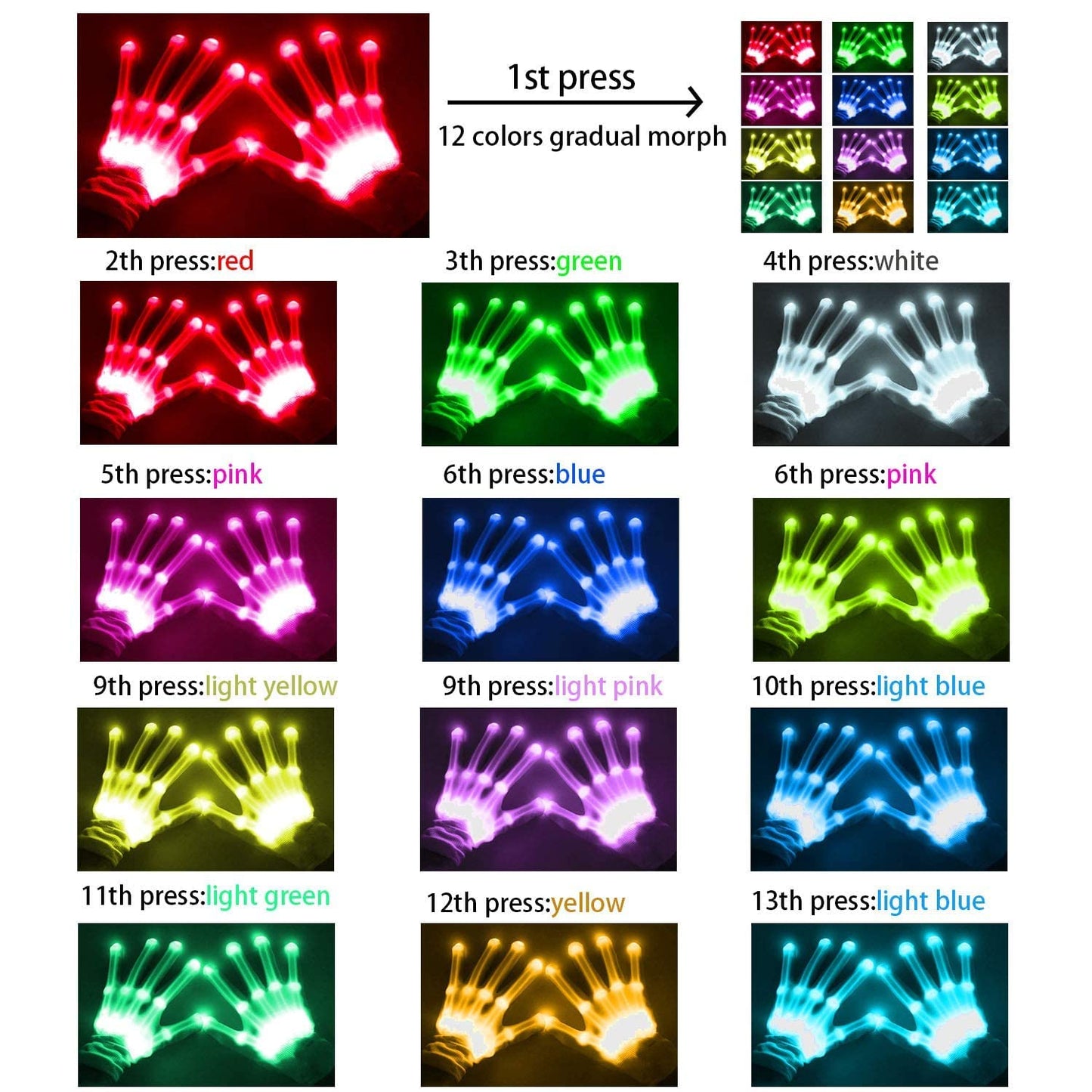 Vicsport Led Gloves For Kids Led Skeleton Gloves 12 Color Changeable Light Up Shows Halloween Cool Fun Gifts